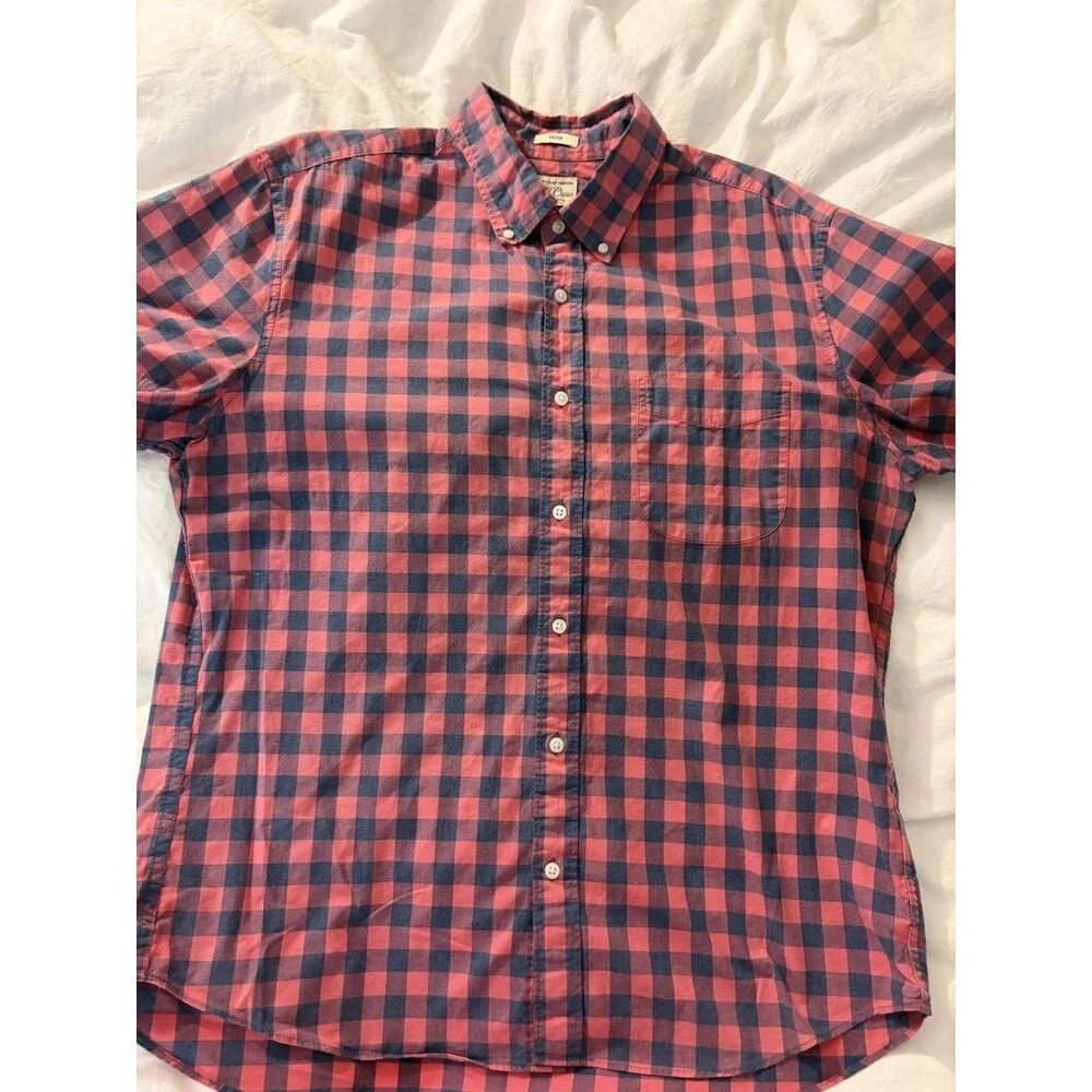 J.Crew Mens Cotton Short Sleeve Buffalo Check Shirt Red Blue Large Slim Stretch